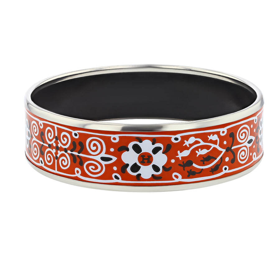 Hermes Red Enamel Bangle with Red, Black and White Floral Design