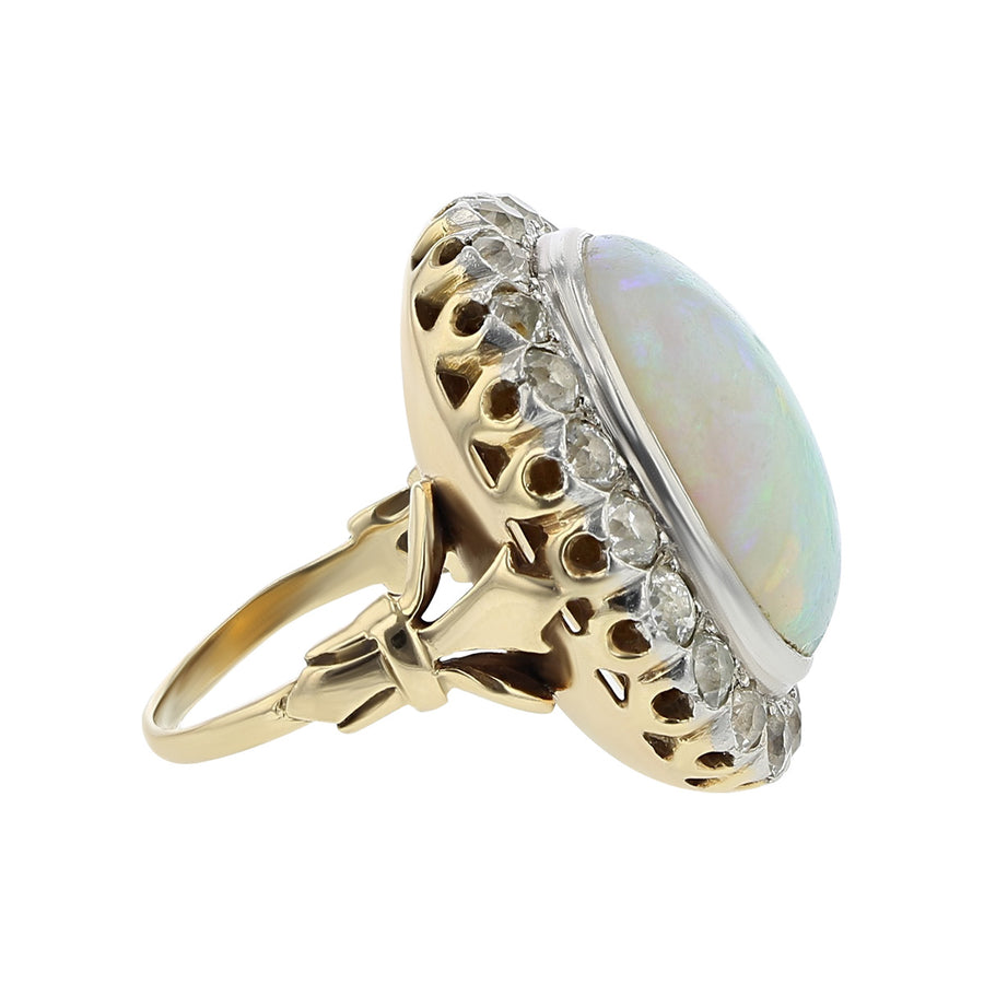 Mid-Century Cabochon Opal and Diamond Halo Ring