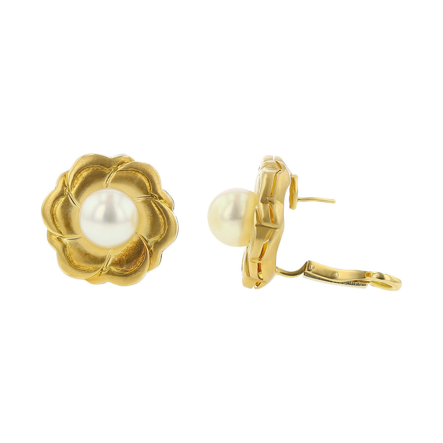 18K Yellow Gold Akoya Pearl Flower Earrings