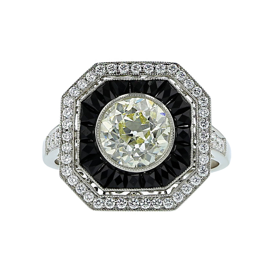 Platinum European-Cut Diamond and Onyx Ring