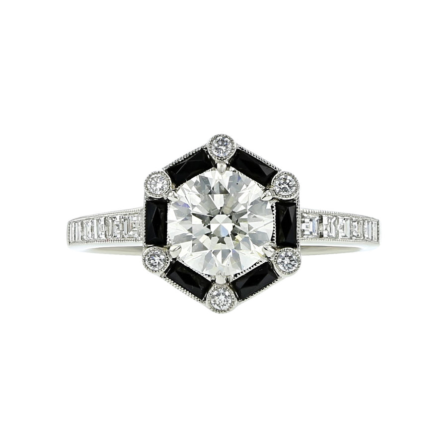 Platinum European-Cut Diamond and Onyx Ring
