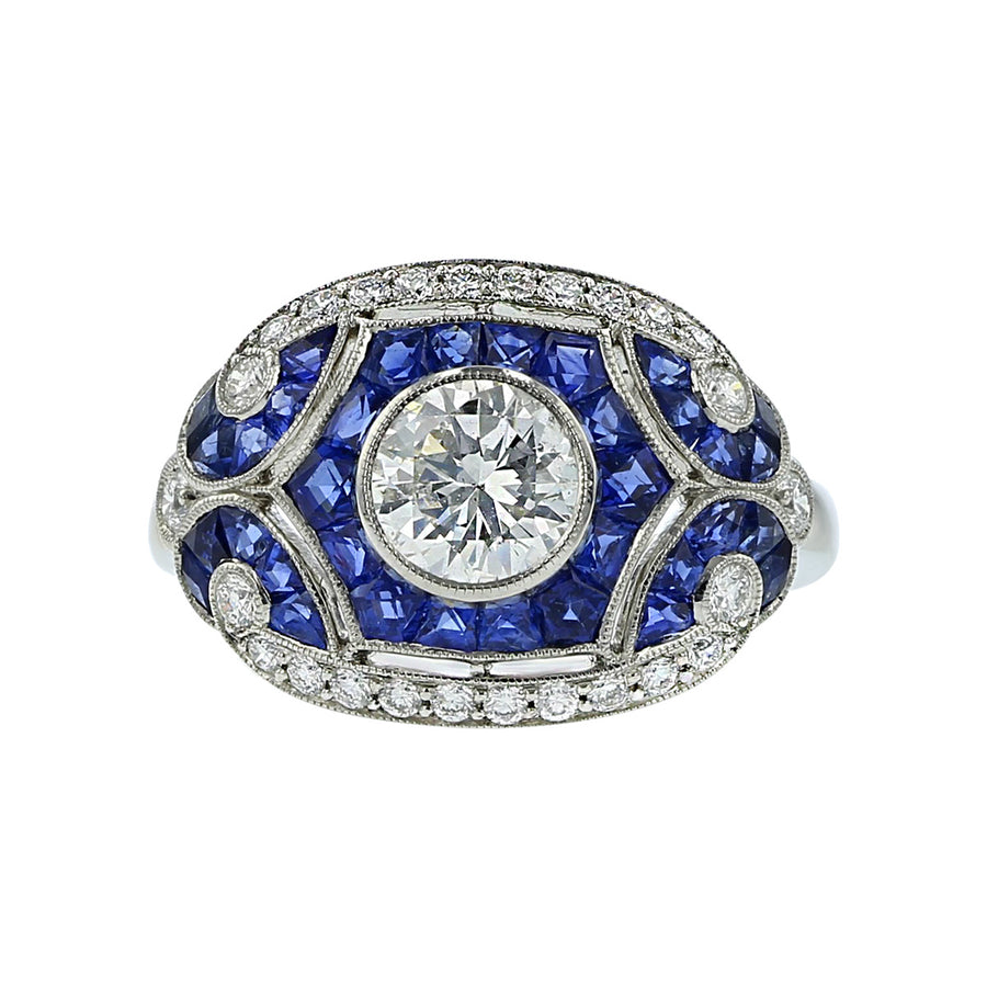 Platinum European-Cut Diamond and Sapphire Ring