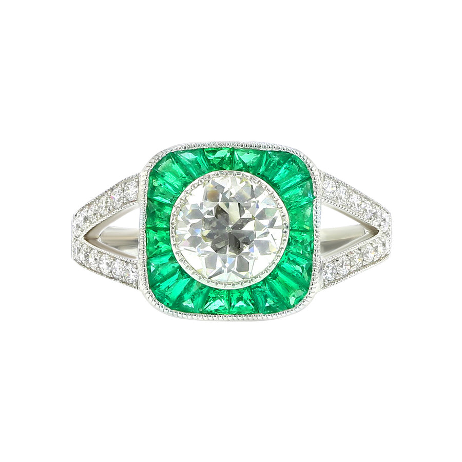 Platinum European-Cut Diamond and Emerald Ring