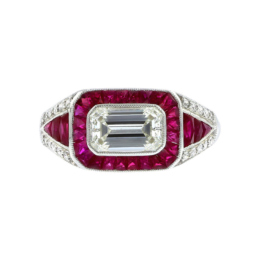 Platinum Emerald-Cut Diamond and Ruby Ring
