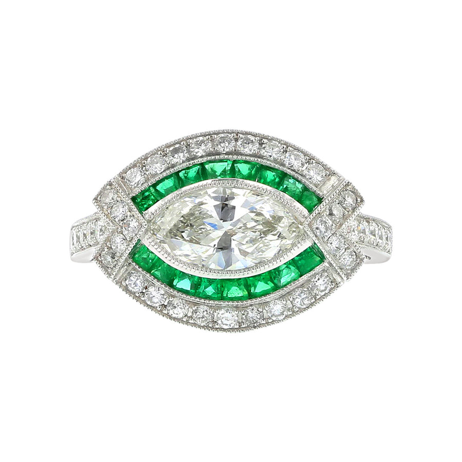 Platinum Marquise Diamond and Emerald Ring