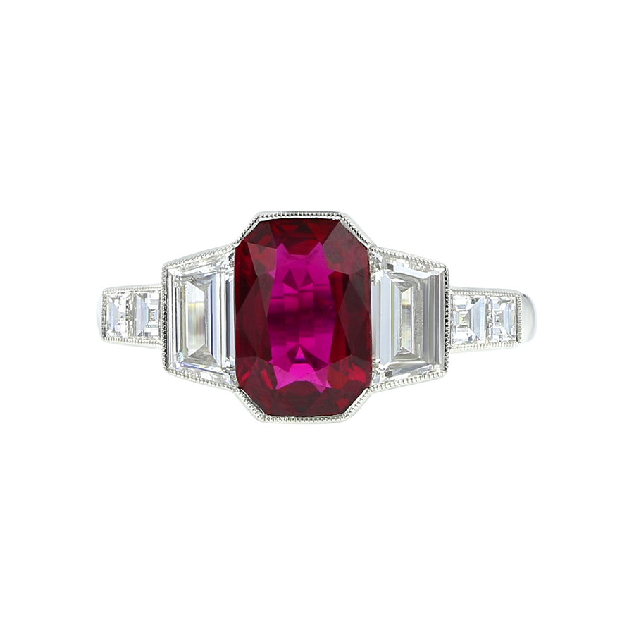 Platinum Cushion Ruby and Diamond 3-Stone Ring