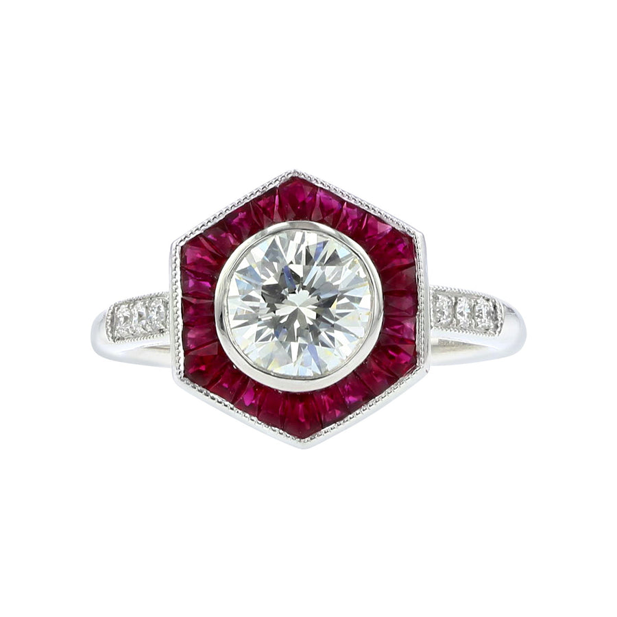 Platinum 1.00 Carat Diamond and Ruby Halo Ring