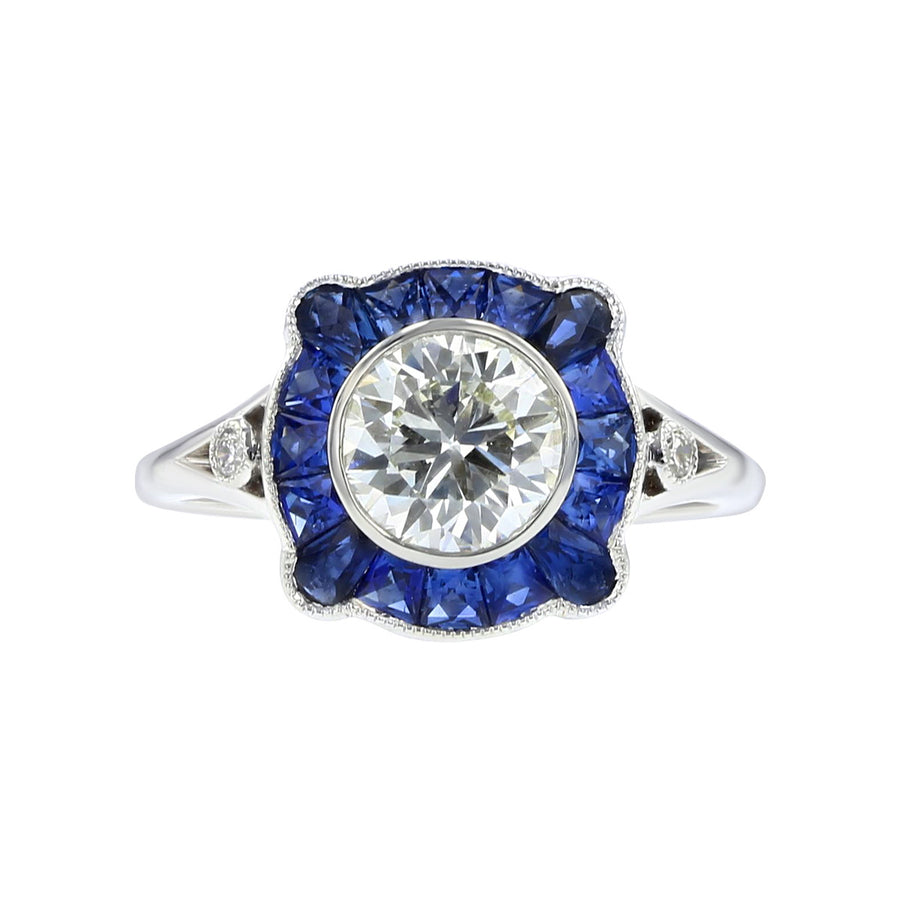 Platinum Round Diamond and Sapphire Halo Ring
