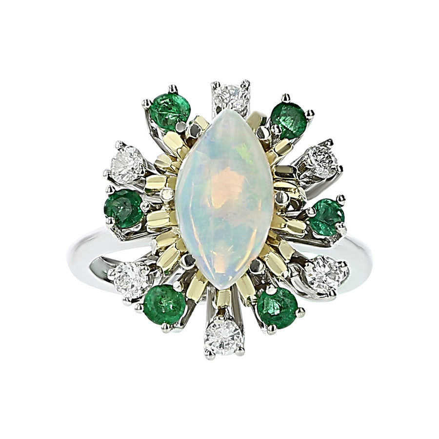 Marquise White Opal, Emerald and Diamond Ring