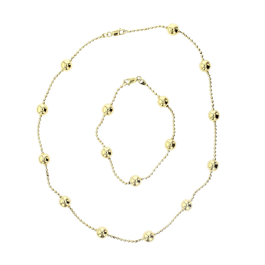 14K Yellow Gold Ball Bead Necklace and Bracelet Set