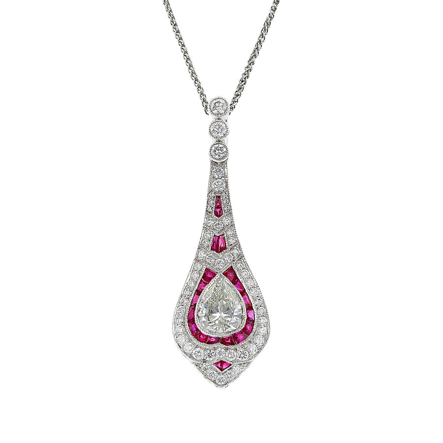 Platinum Diamond and Ruby Pendant Necklace