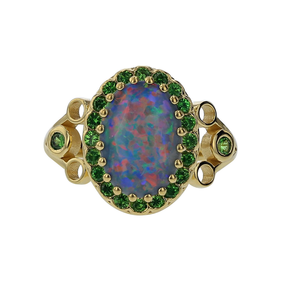 18K Gold Cabochon Black Opal and Tsavorite Halo Ring