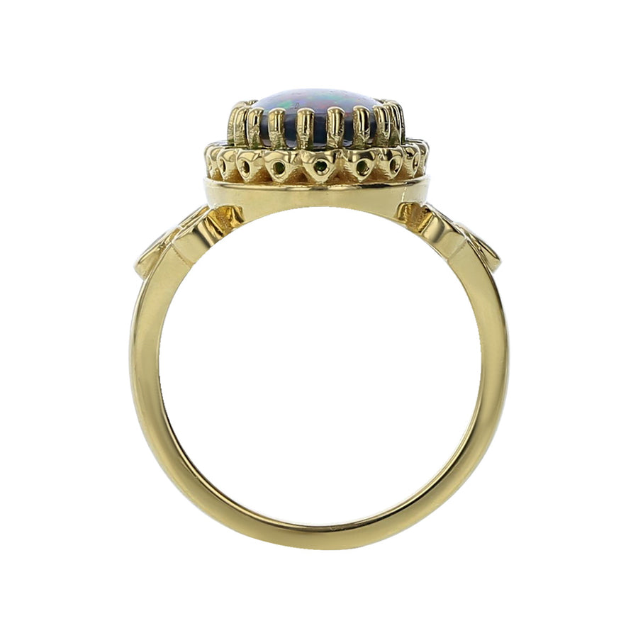 18K Gold Cabochon Black Opal and Tsavorite Halo Ring