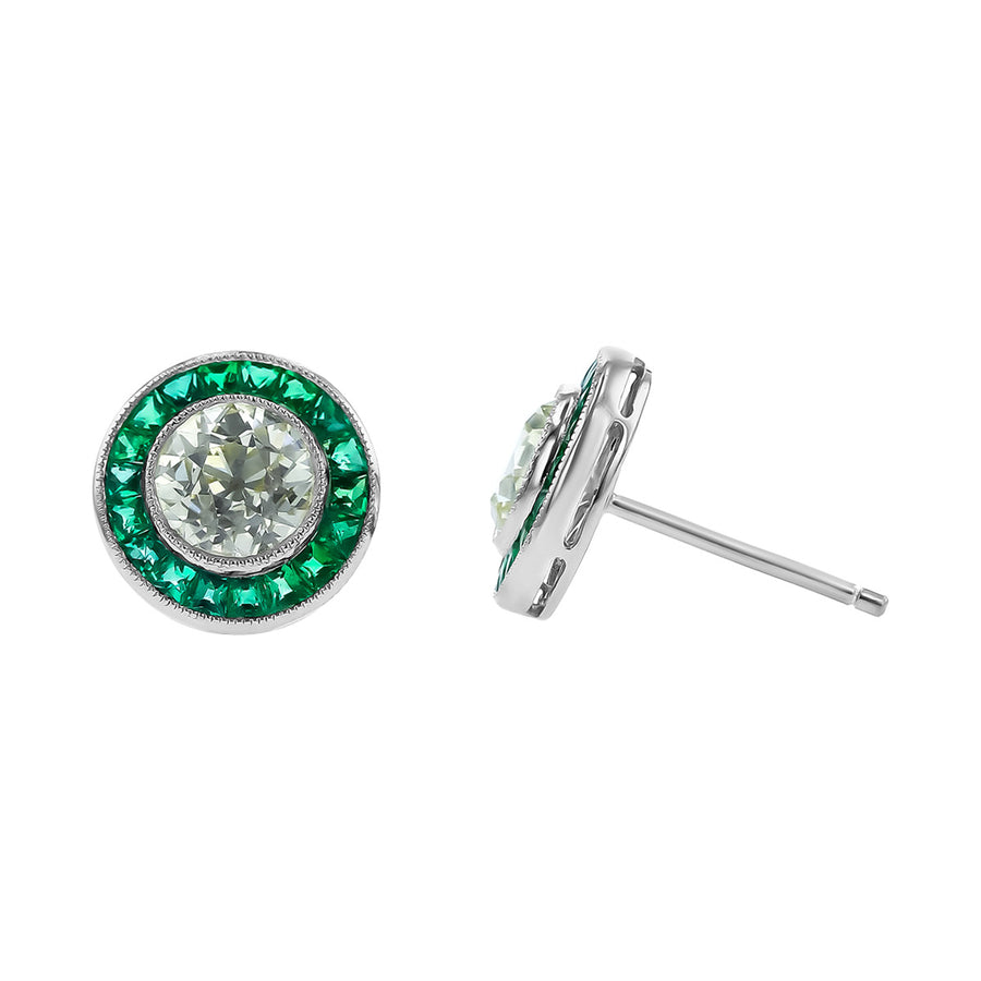 Platinum Diamond and Emerald Halo Stud Earrings