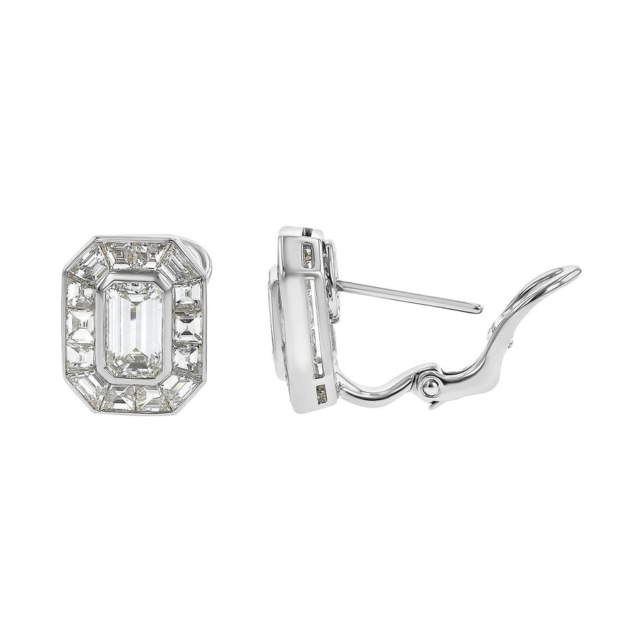 Platinum Emerald-cut Diamond and Halo Stud Earrings