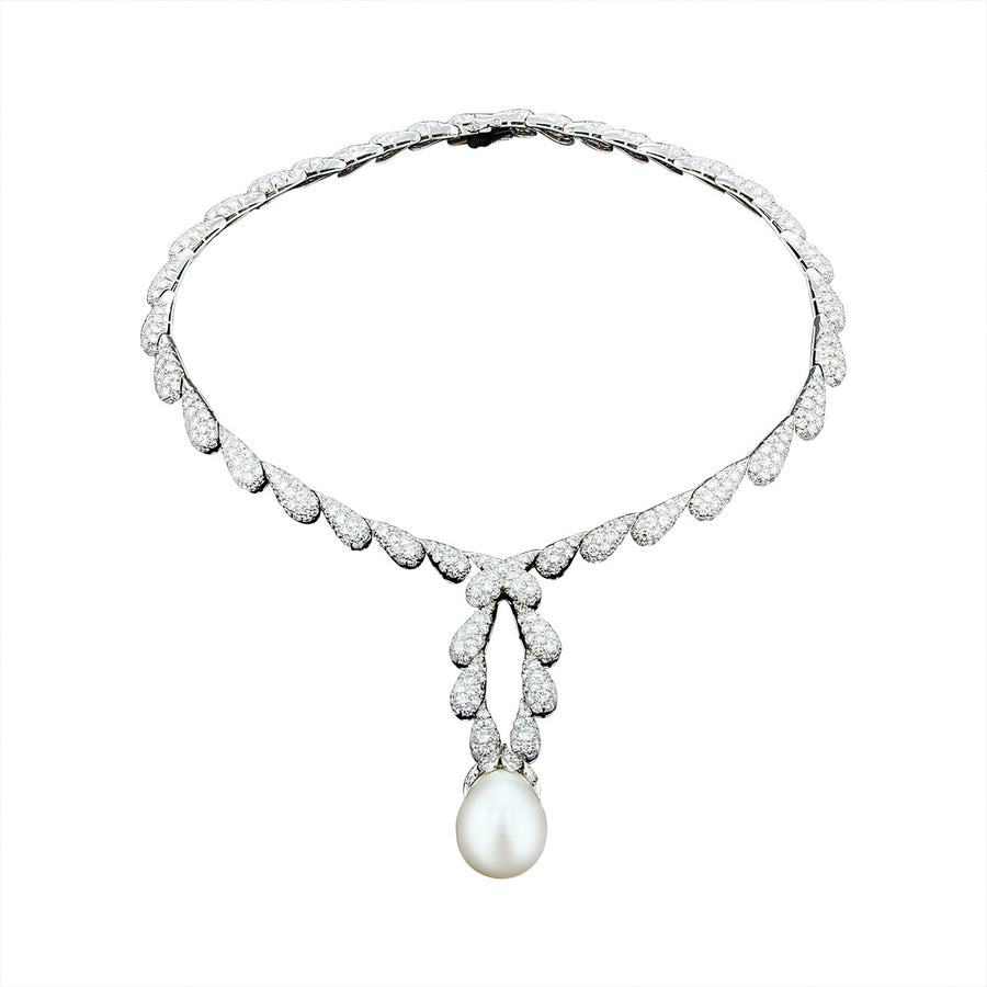 Platinum South Sea Pearl and Pave Drop Choker Necklace
