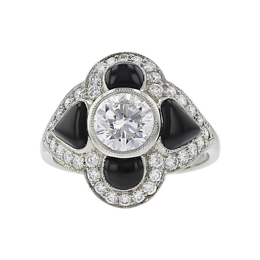 Platinum Diamond and Cabochon Onyx Rosette Ring