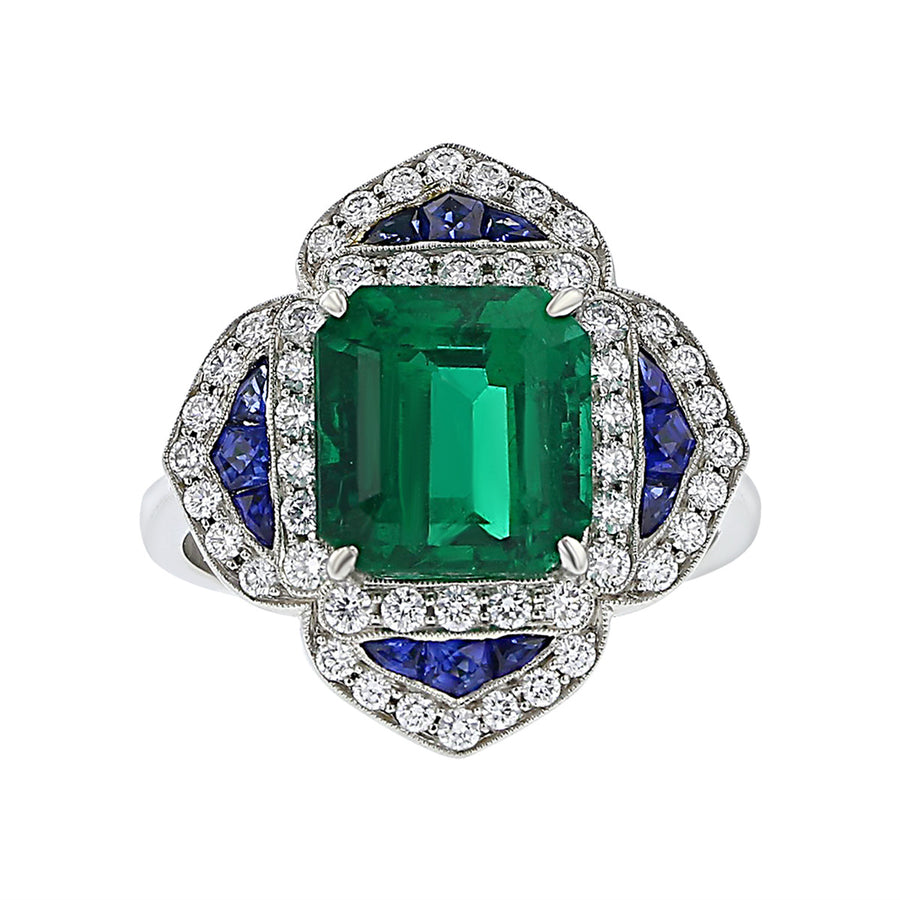Platinum Emerald, Sapphire and Diamond Rosette Ring