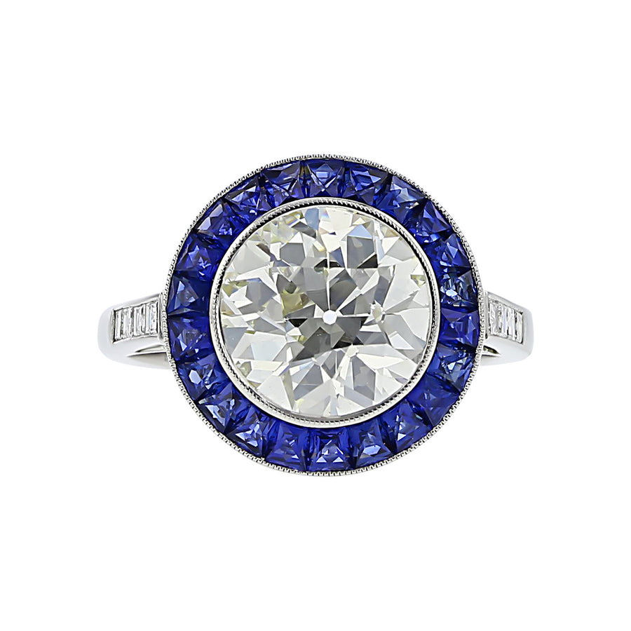Platinum Old-European Diamond and Sapphire Halo Ring