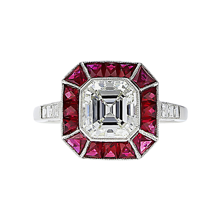 Platinum Square Diamond and Ruby Halo Ring