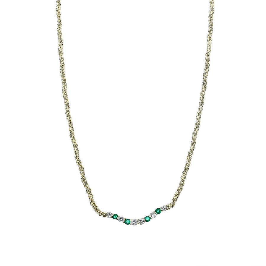 14K Yellow Gold Diamond and Emerald Curved Bar Necklace