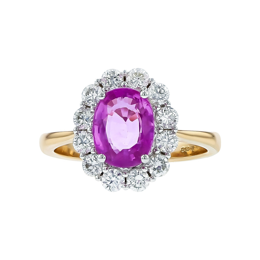 Two-Tone Gold Pink Sapphire and Diamond Halo Ring