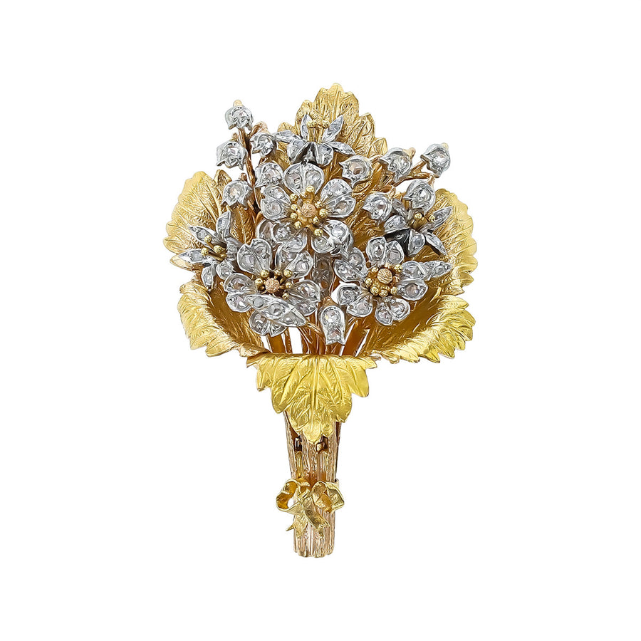 Art Nouveau Diamond Flower Pin in Platinum, 18K Rose and Yellow Gold