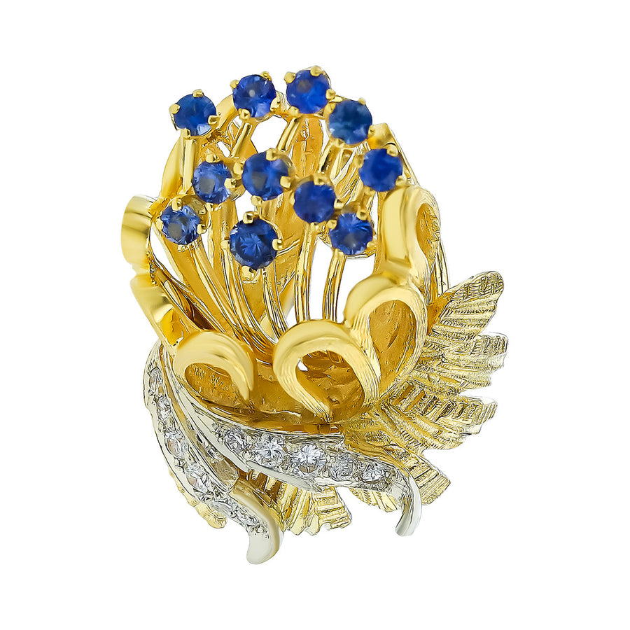 Mid-Century Sapphire and Diamond Flower Ring