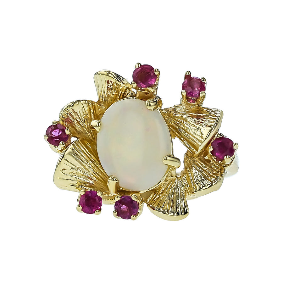 14K Yellow Gold Cabochon Opal and Ruby Ring
