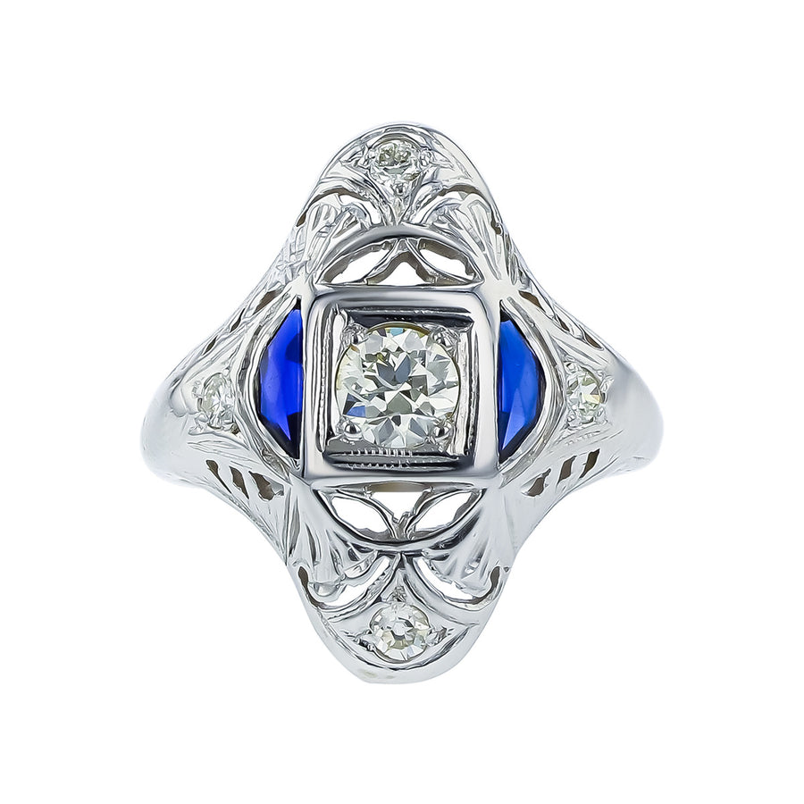Art Deco 18K White Gold Diamond and Sapphire Ring
