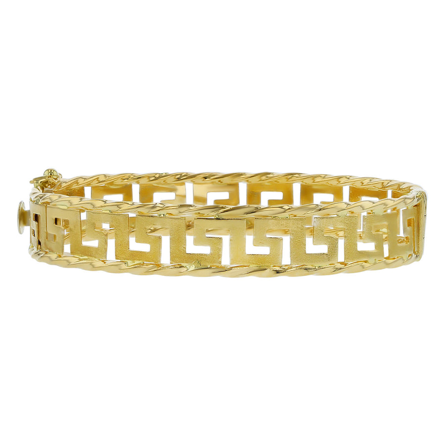 18K Yellow Gold Greek Key Hinged Bangle Bracelet
