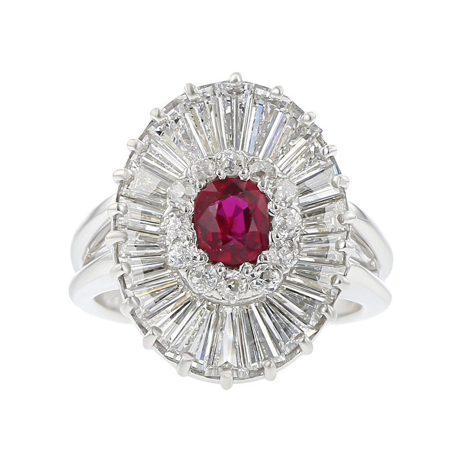 Ruby and Baguette Diamond Halo Ballerina Ring