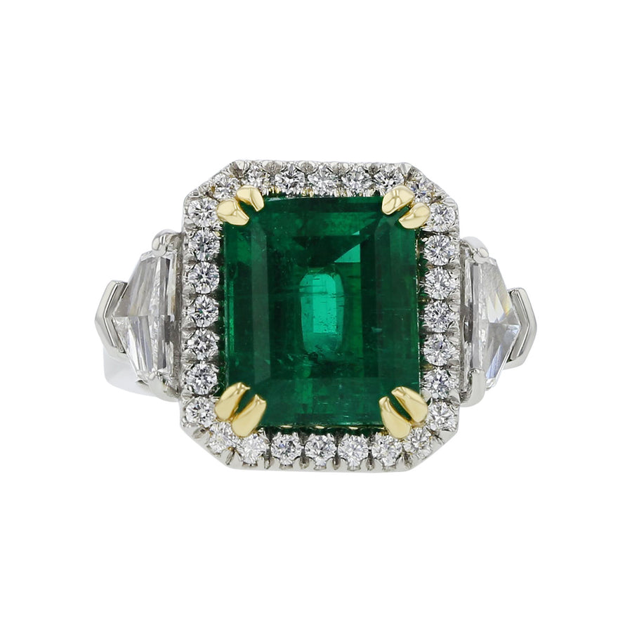 Emerald-cut Zambian Emerald and Diamond Halo Ring