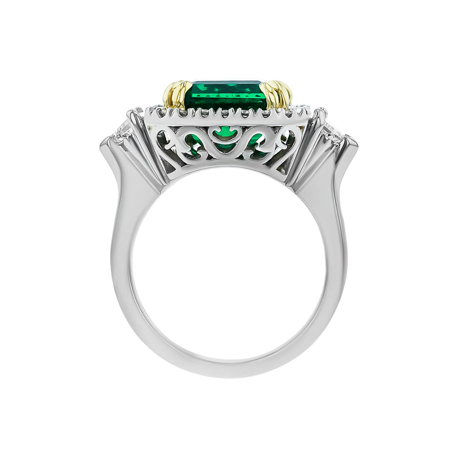 Emerald-cut Zambian Emerald and Diamond Halo Ring