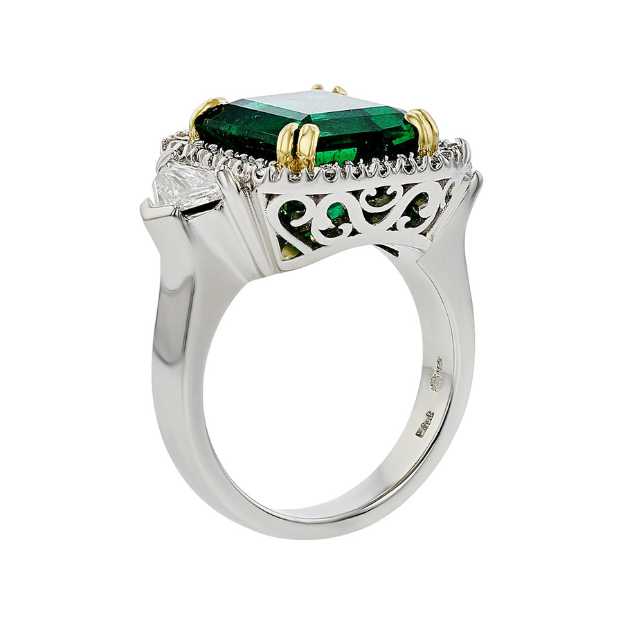 Emerald-cut Zambian Emerald and Diamond Halo Ring