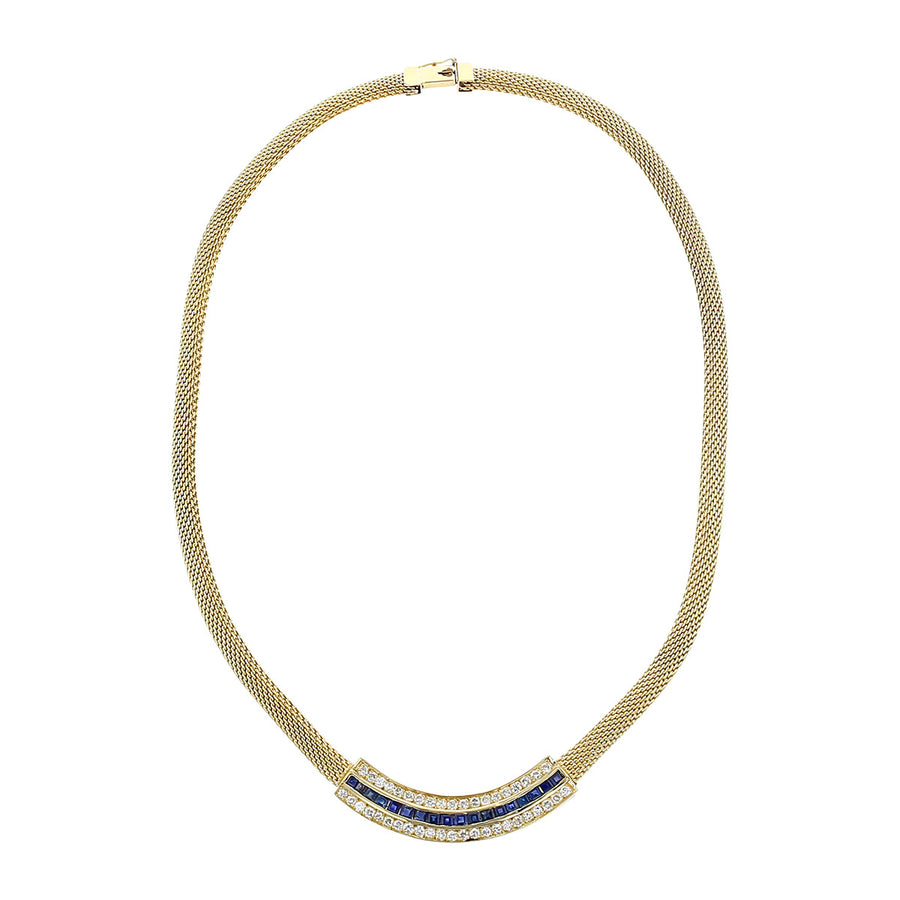 18K Yellow Gold Sapphire and Diamond Mesh Chain Necklace