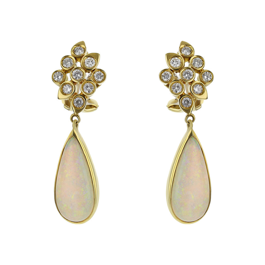 18K Yellow Gold Opal and Diamond Drop Earrings