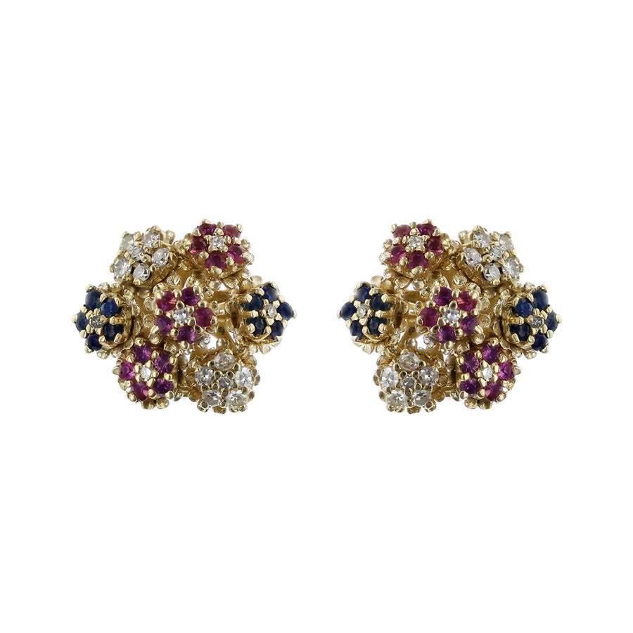14K Yellow Gold Ruby, Sapphire and Diamond Cluster Earrings