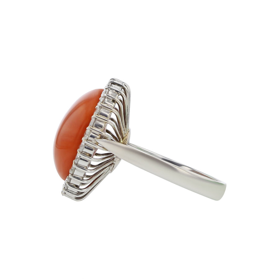 14K Gold Cabochon Coral and Diamond Halo Ring
