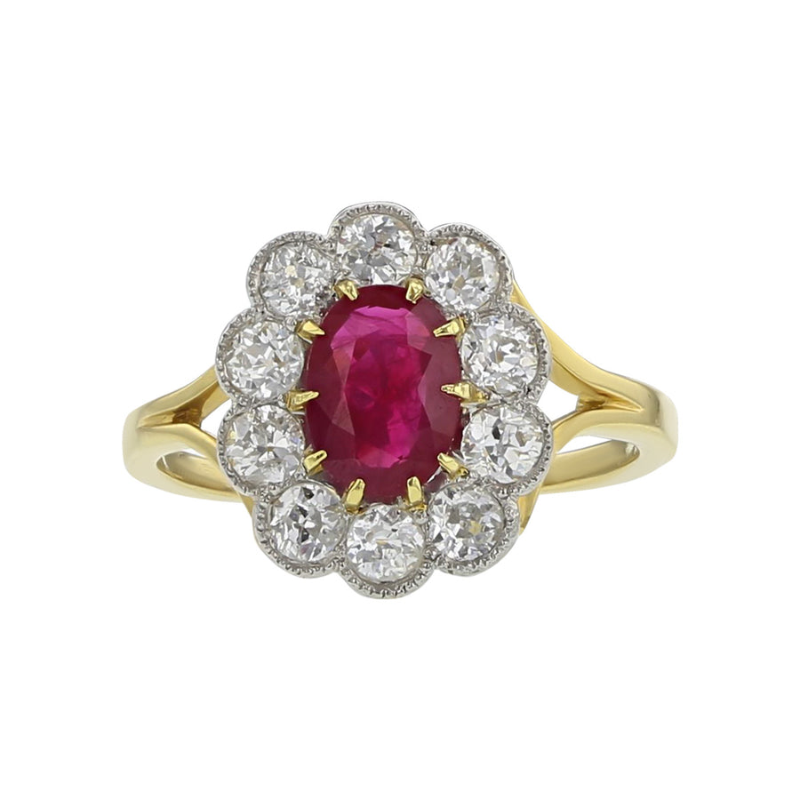 Edwardian 18K Gold Ruby and Diamond Halo Ring
