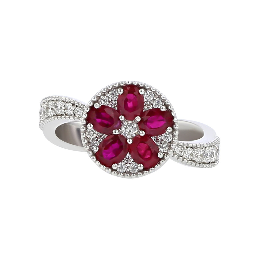 Salavetti 18K Gold Ruby and Diamond Flower Ring