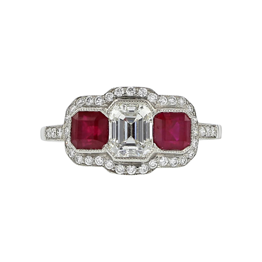 Platinum Emerald-cut Diamond and Ruby Ring
