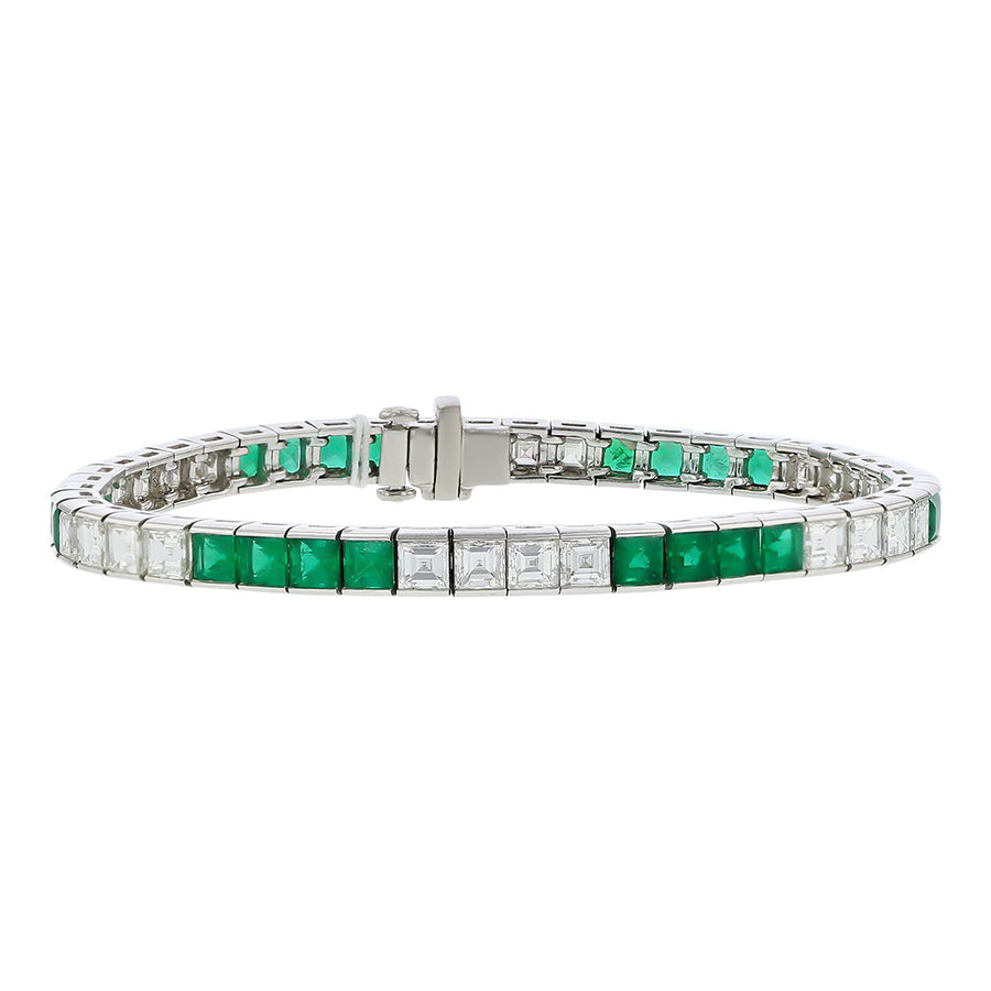 Platinum Square-cut Emerald and Diamond Line Bracelet