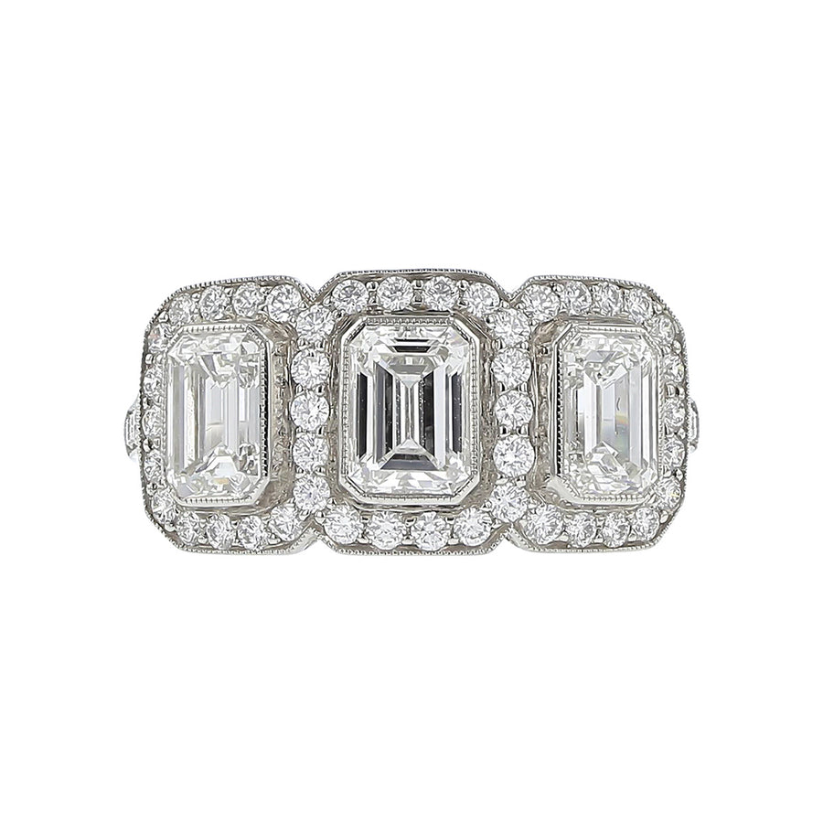 Platinum Emerald-cut Diamond Triple Halo Ring