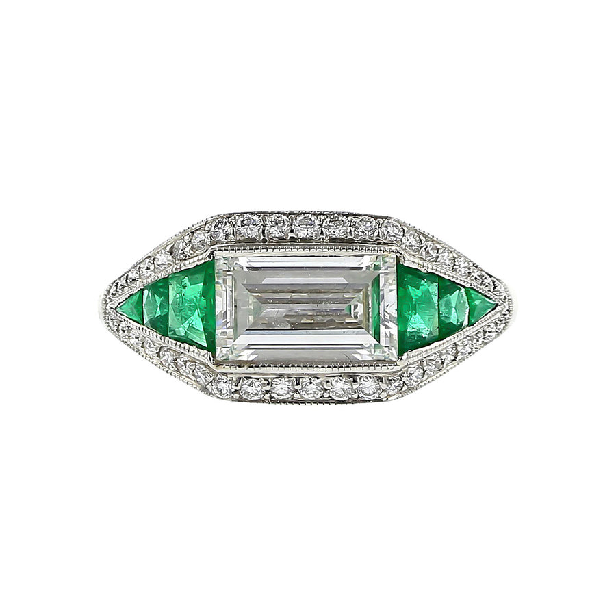 Platinum Baguette Diamond and Emerald Halo Ring
