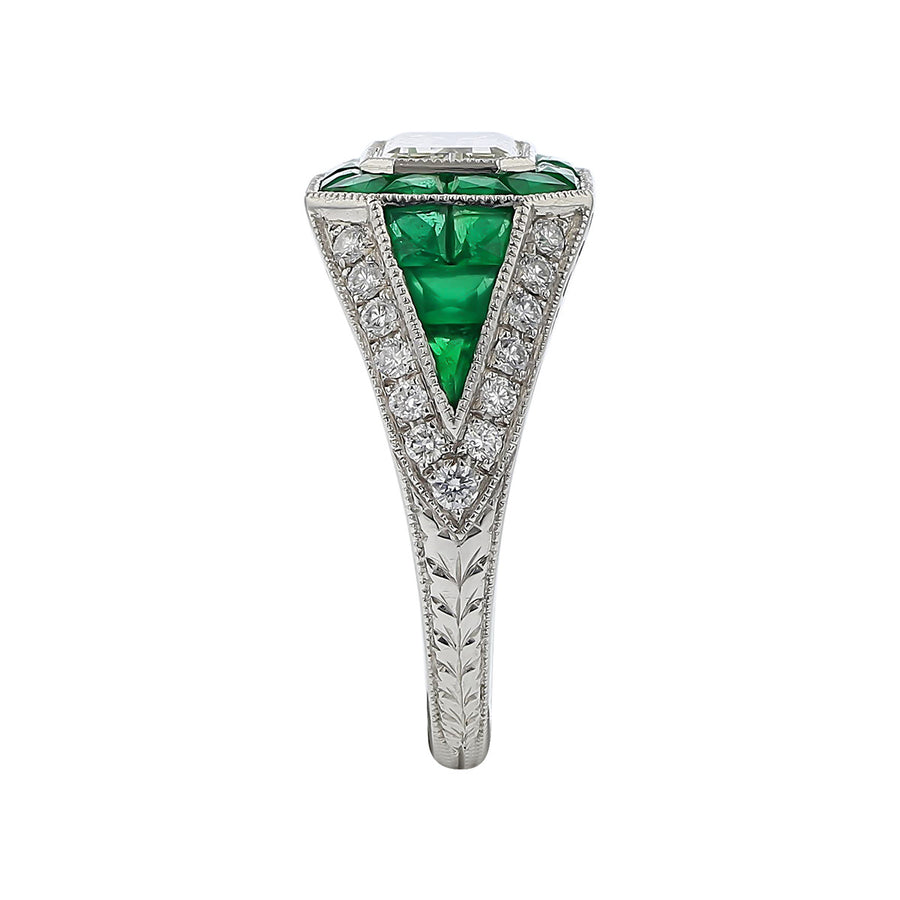 Platinum Emerald-cut Diamond and Emerald Halo Ring