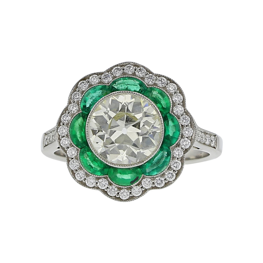 Old European-cut Diamond and Emerald Halo Ring