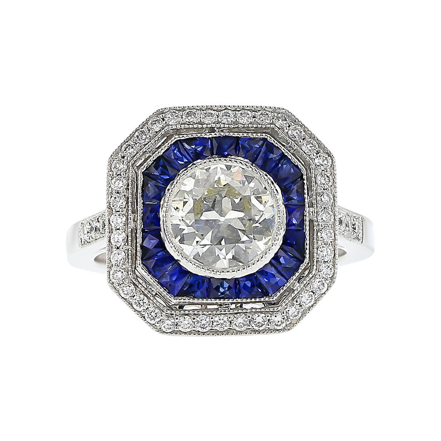 Old European-cut Diamond and Sapphire Halo Ring