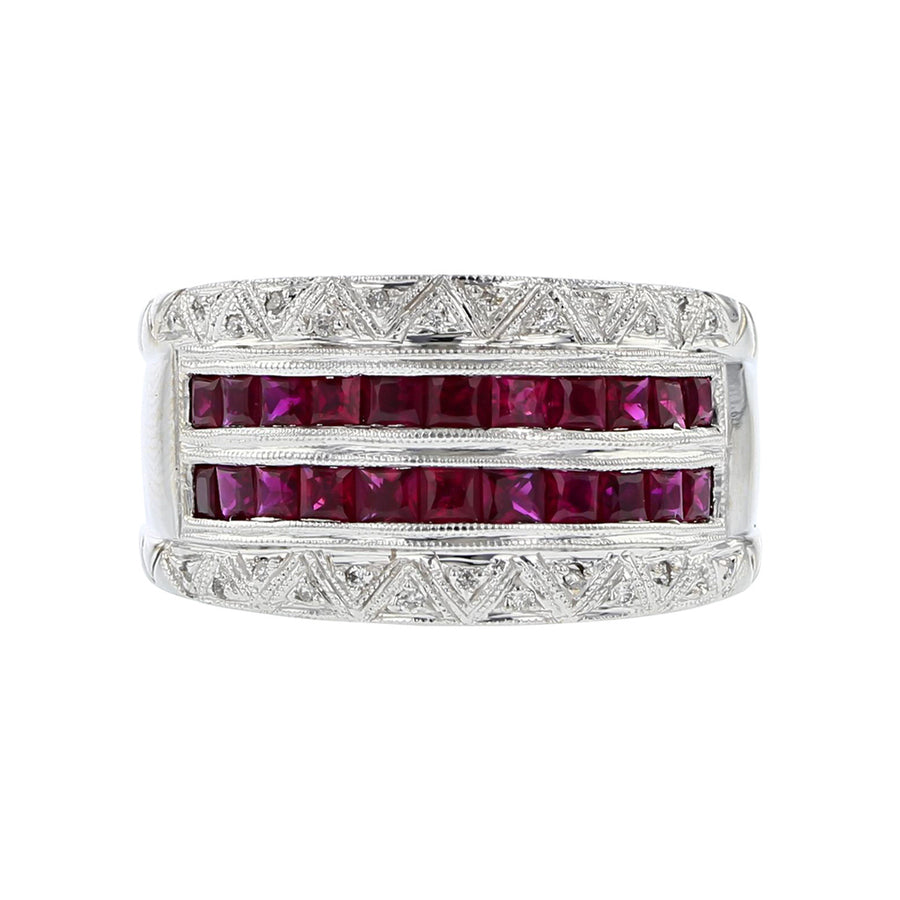 18K White Gold Ruby and Diamond 4 Row Band Ring