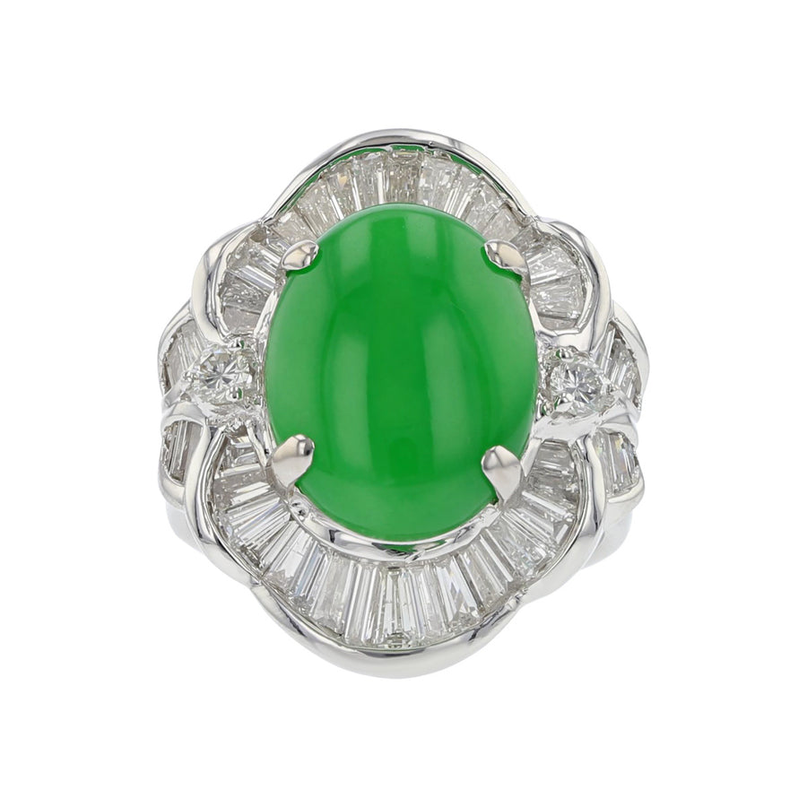 18K White Gold Cabochon Jadeite and Diamond Halo Ring